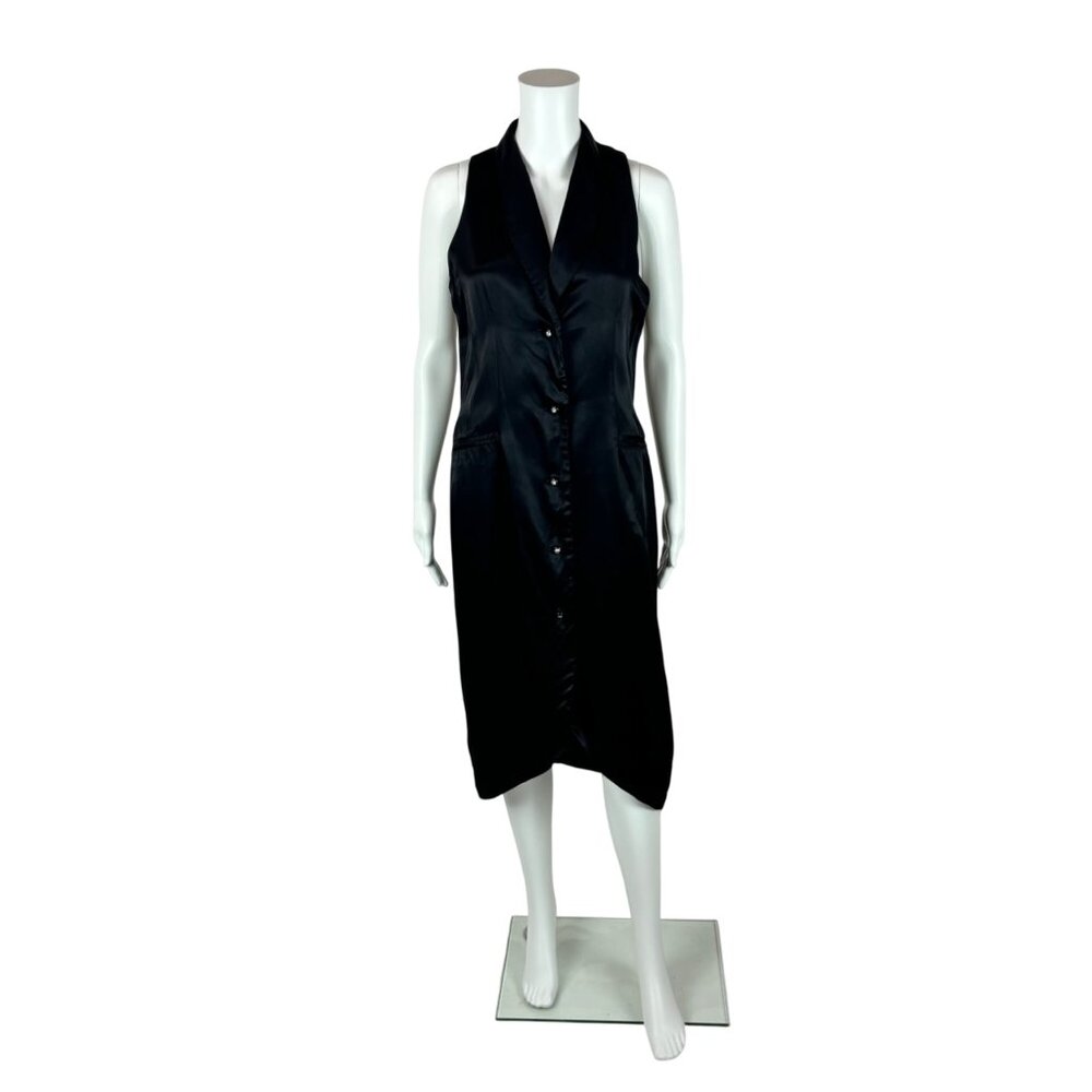 Vintage 80s Tuxedo Dress Women's Medium Black Satin Vest Rhinestone Buttons